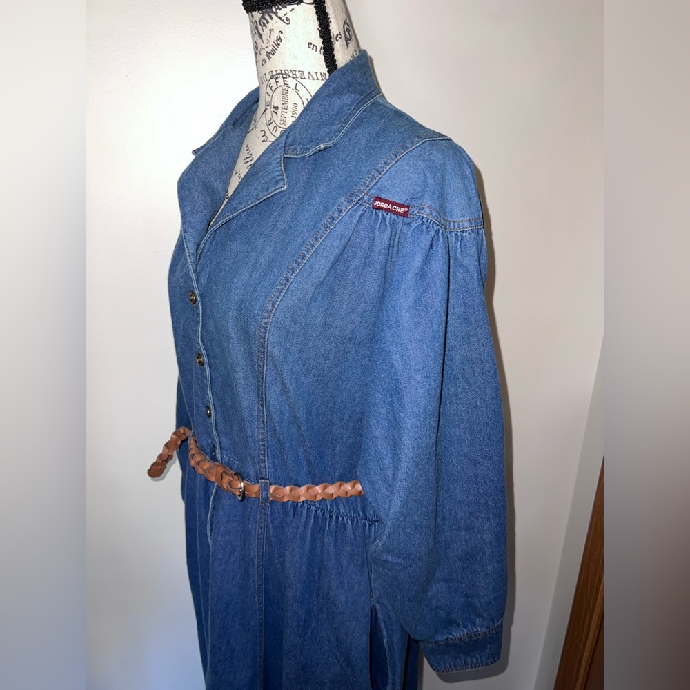 Jordache 80s Vintage Denim Prairie Dress Button Front Ruffle Hem Belted 15/16 - Picture 6 of 13